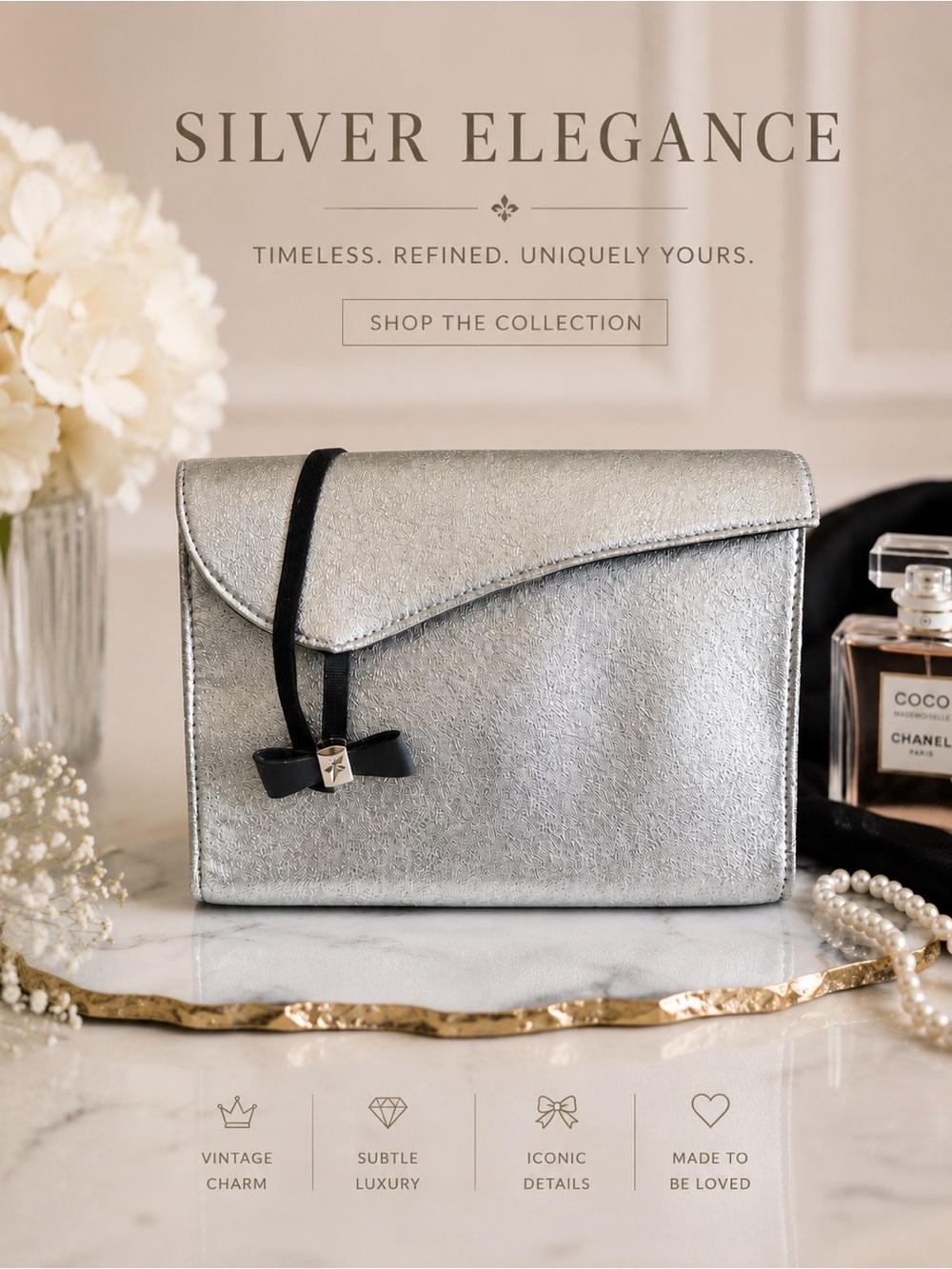 Thierry Mugler Silver Metallic Leather Clutch Evening Bag Wrap Closure Vintage